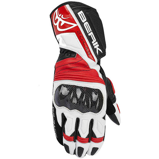 Motorcycle Racing Gloves In Berik 2.0 Leather Racing White Red Gloves front