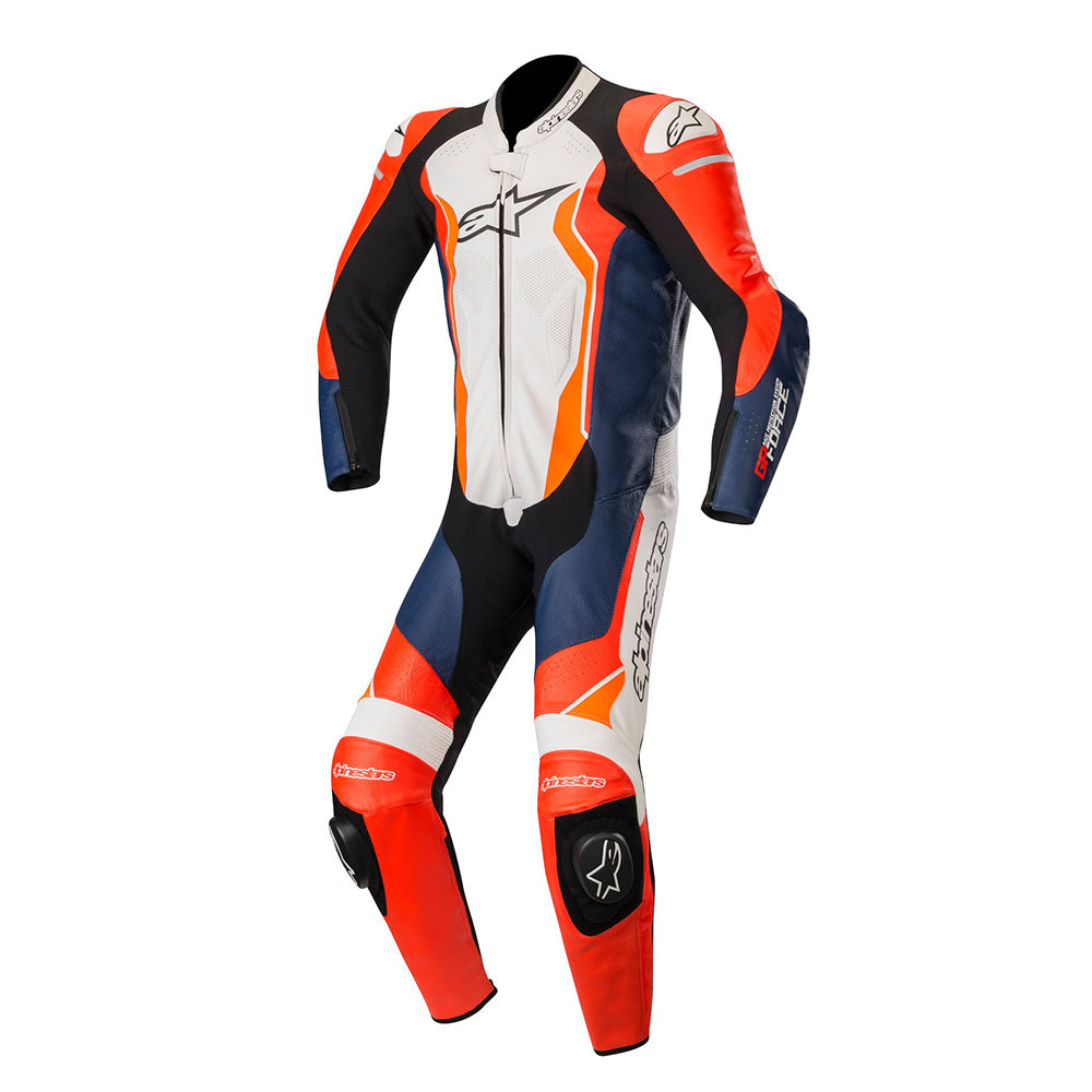 GP Force Full Leather Racing Suit 1pc Red Black White Orange For Sale Adjustable Belt Motorcycle Leather Racing Suit Front