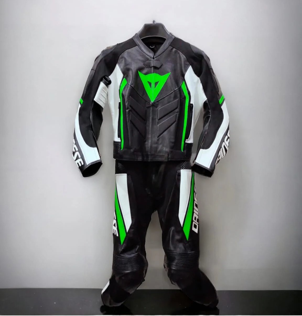 Custom Made Avro D2 Black White Neon-Green Unisex Motorcycle CE Protection Leather Racing Suit Front Side