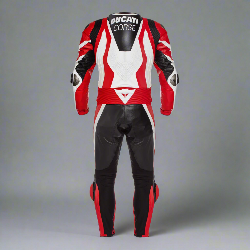 Ducati Corse White Red Motorbike Custom Design Cowhide Leather Suit Motorcycle Racing Suit Back