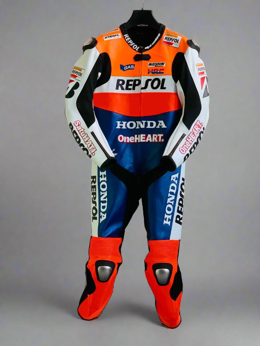 CUSTOM DESIGN MARC MARQUEZ HONDA REPSOL LEATHER MOTORCYCLE MOTORBIKE LEATHER RACING SUIT FRONT