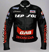 Custom Made Full Black Honda Repsol Gas CE Protection Motorcycle Leather Racing Jacket Front