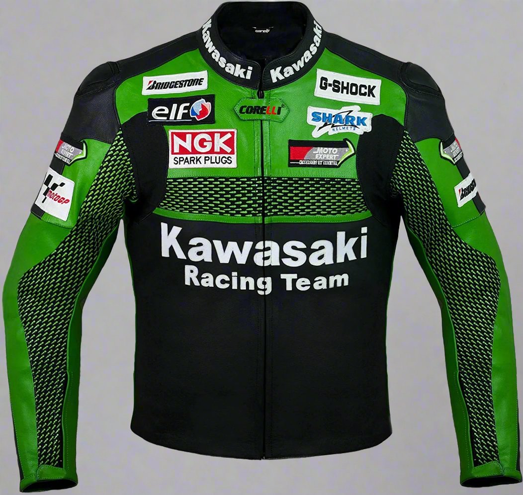 Kawasaki Jacket Motorcycle Custom Racing jacket Cowhide Leather Jacket Front