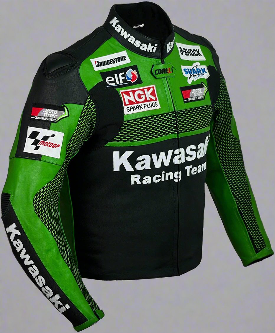 Kawasaki Jacket Motorcycle Custom Racing jacket Cowhide Leather Jacket Side