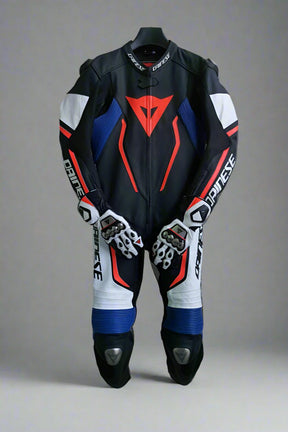 Custom Design Blue Neon Red D-air misano 2 Motorcycle Bike Rider Biker Leather Racing Suit Front 