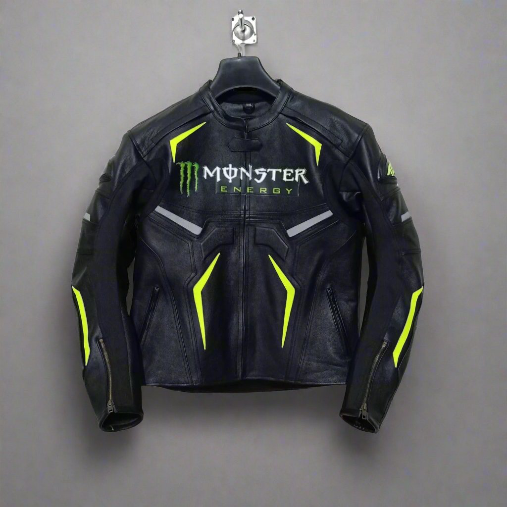 Black Neon Yellow Monster Energy Motorbike Jacket Motorcycle Leather Racing Jacket Front