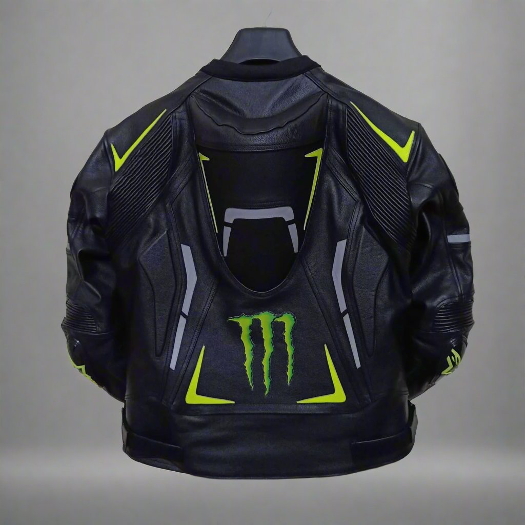 Black Neon Yellow Monster Energy Motorbike Jacket Motorcycle Leather Racing Jacket Back