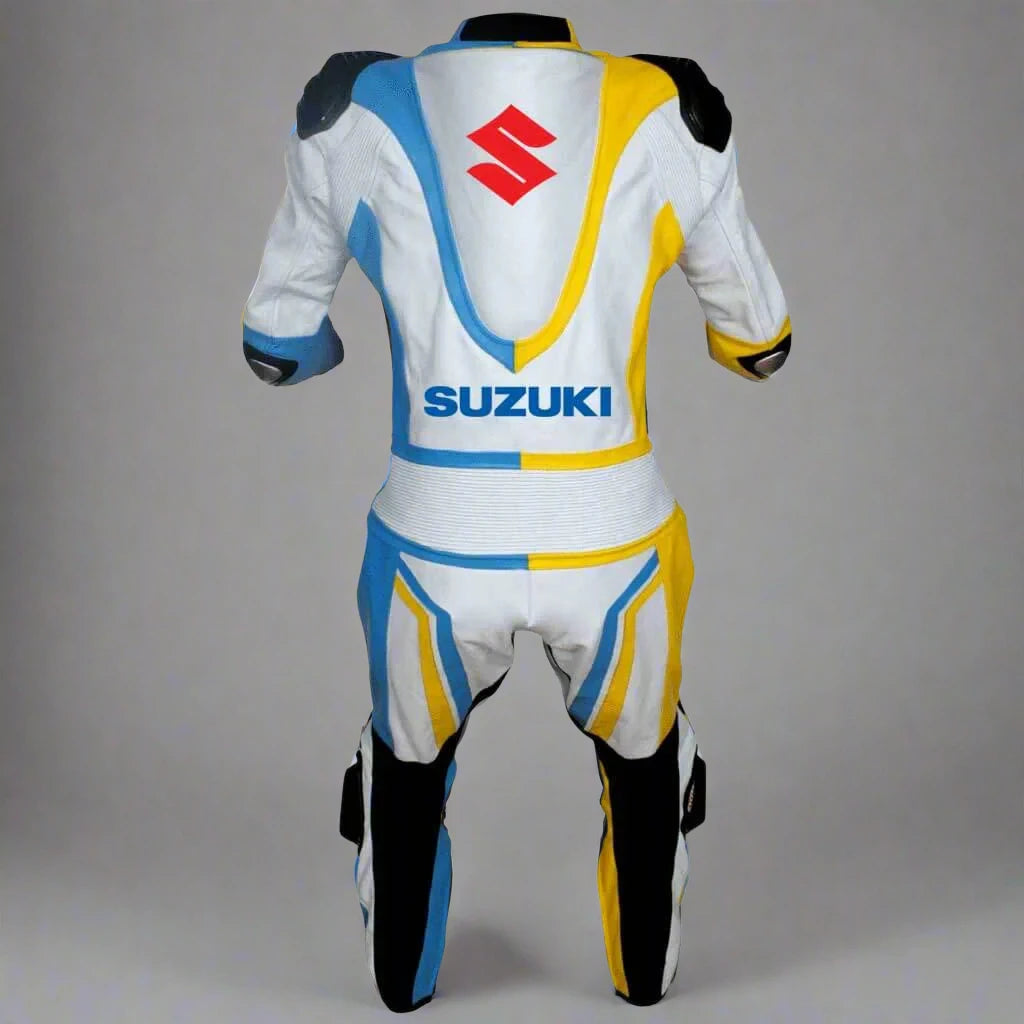 Suzuki Custom 1 Piece Motorcycle Leather Racing Suit White Yellow Blue Back