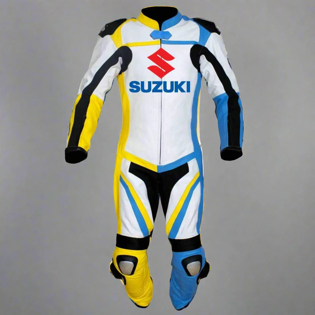 Suzuki Custom 1 Piece Motorcycle Leather Racing Suit White Yellow Blue Front