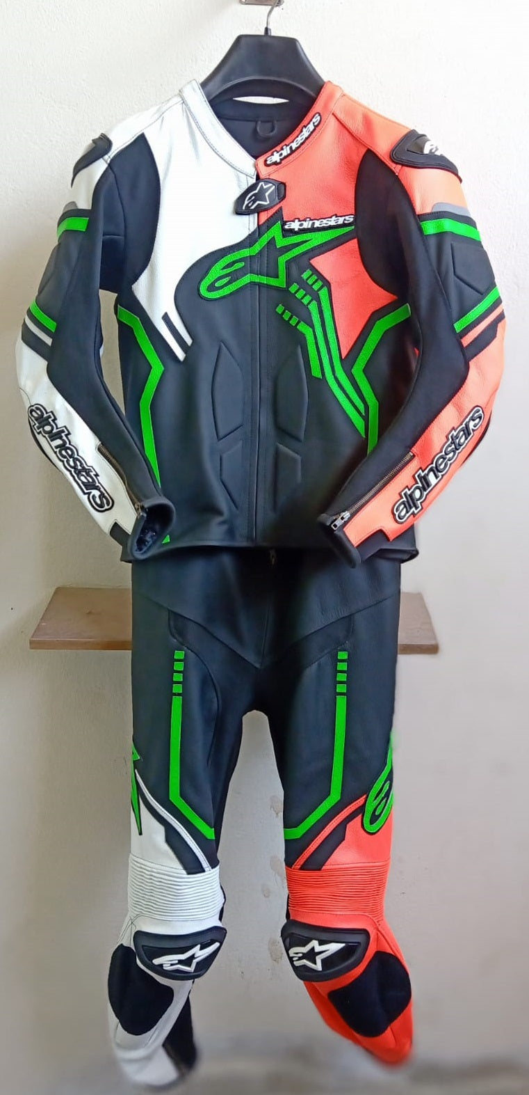 White Fluorescent Orange UG-0130 Custom Design 1 Piece 2 Piece Perforated Motorcycle Leather Racing Suit Front
