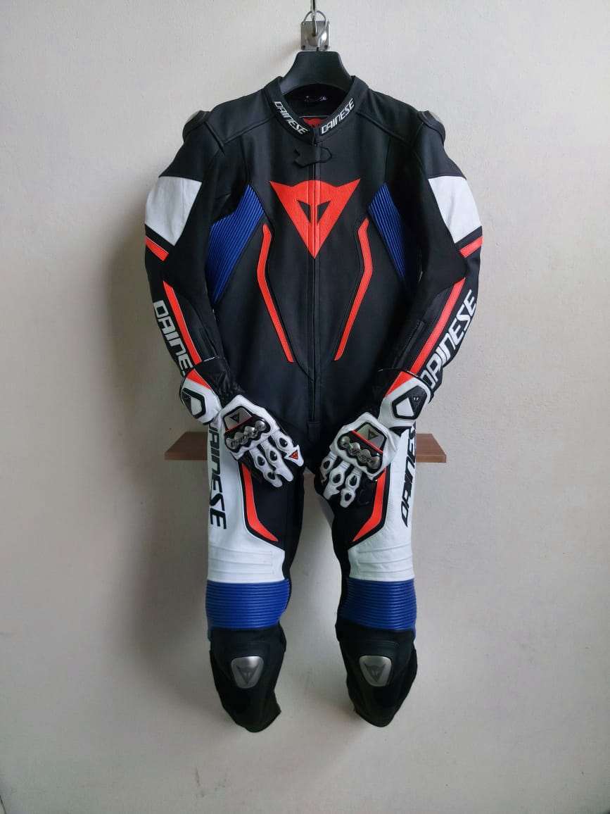Custom Design Blue Neon Red D-air misano 2 Motorcycle Bike Rider Biker Leather Racing Suit Front 
