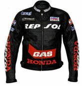 Custom Made Full Black Honda Repsol Gas CE Protection Motorcycle Leather Racing Jacket Front