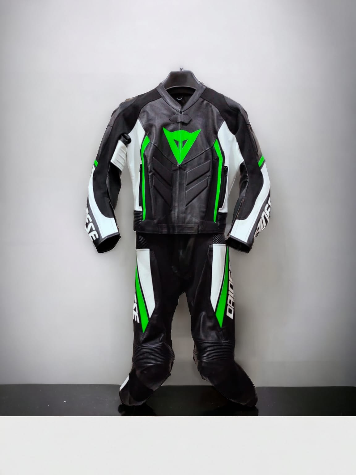 Custom Made Avro D2 Black White Neon-Green Unisex Motorcycle CE Protection Leather Racing Suit Front Side