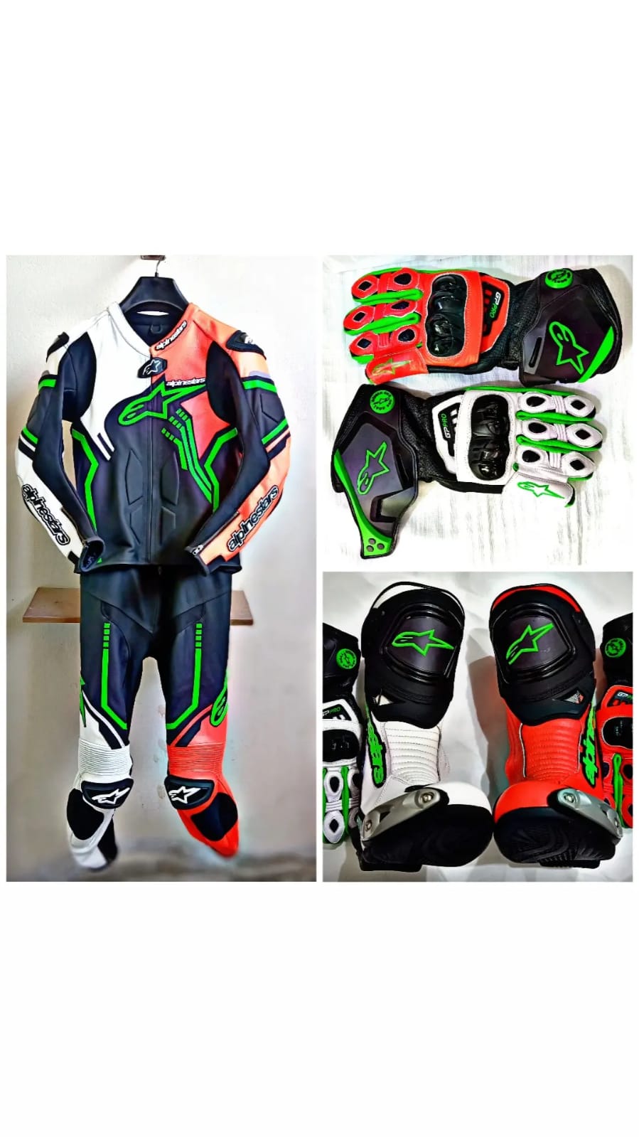 White Fluorescent Orange UG-0130 Custom Design 2 Piece Motorcycle Leather Racing Suit / Gloves / Boots