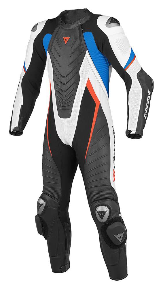White Blue Aero Evo C2 2 Piece Estiva Unisex Adjustable Belt Motorcycle Leather Racing Suit Front